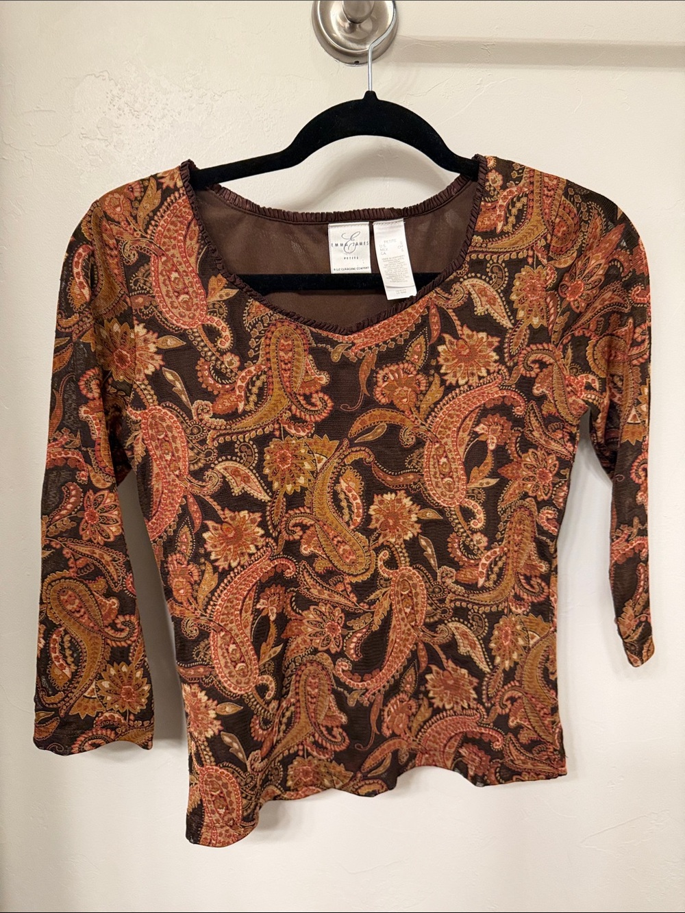Liz Claiborne Brown Paisley Long Sleeve Scoop Neck Top - Petite Small